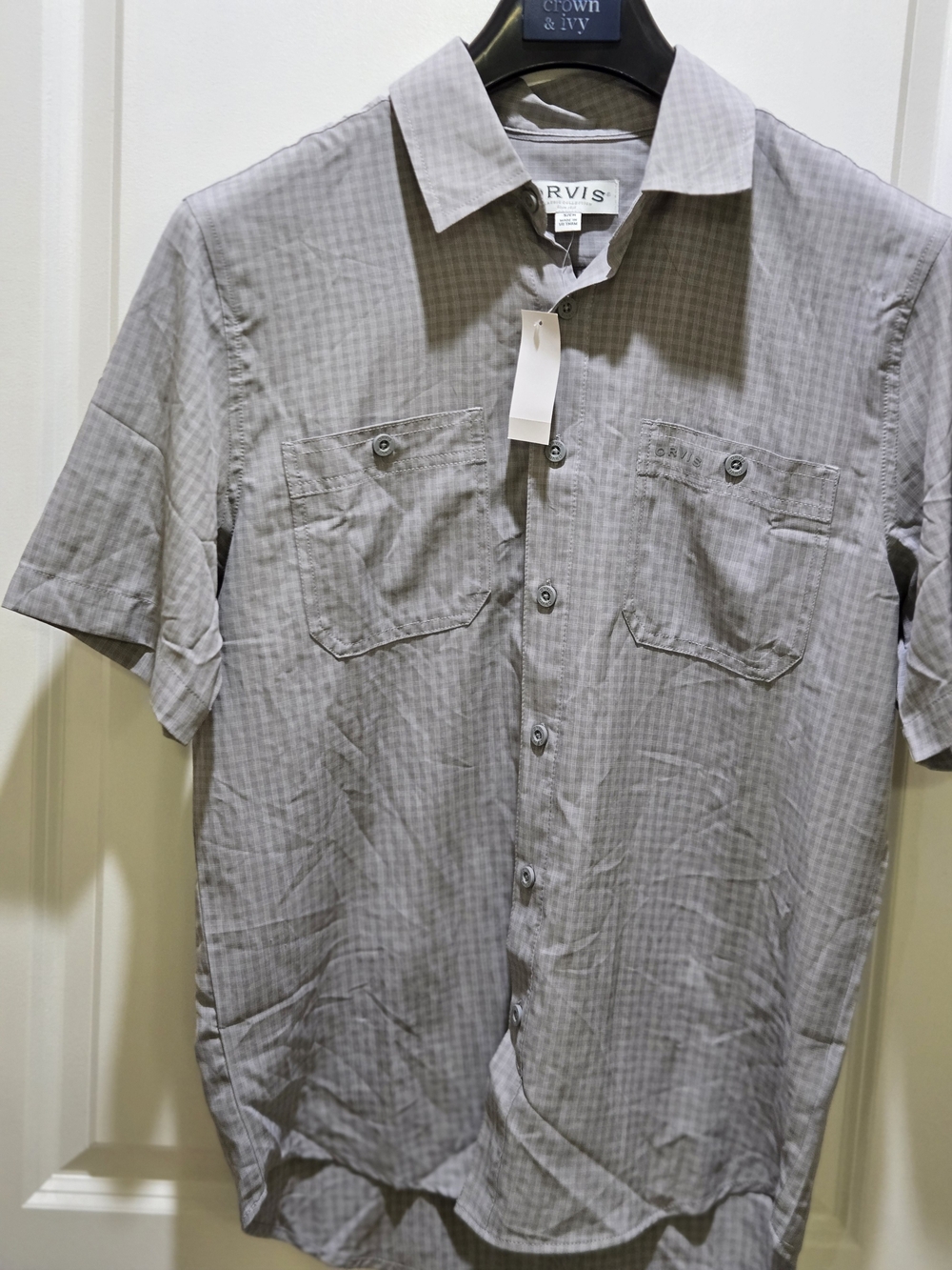 Orvis Men's Short-Sleeve Light Gray Check Button-Up Shirt